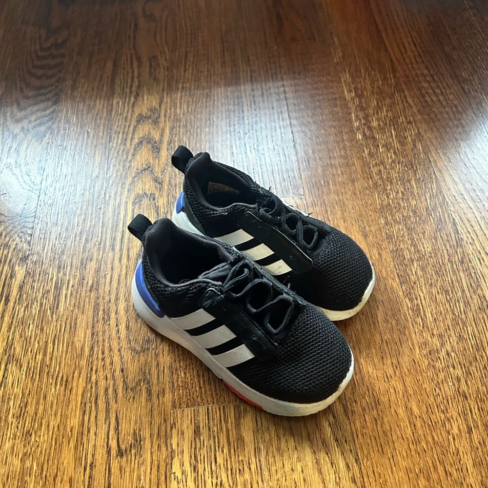 Adidas Kids Black and White Sneakers with Blue Accents